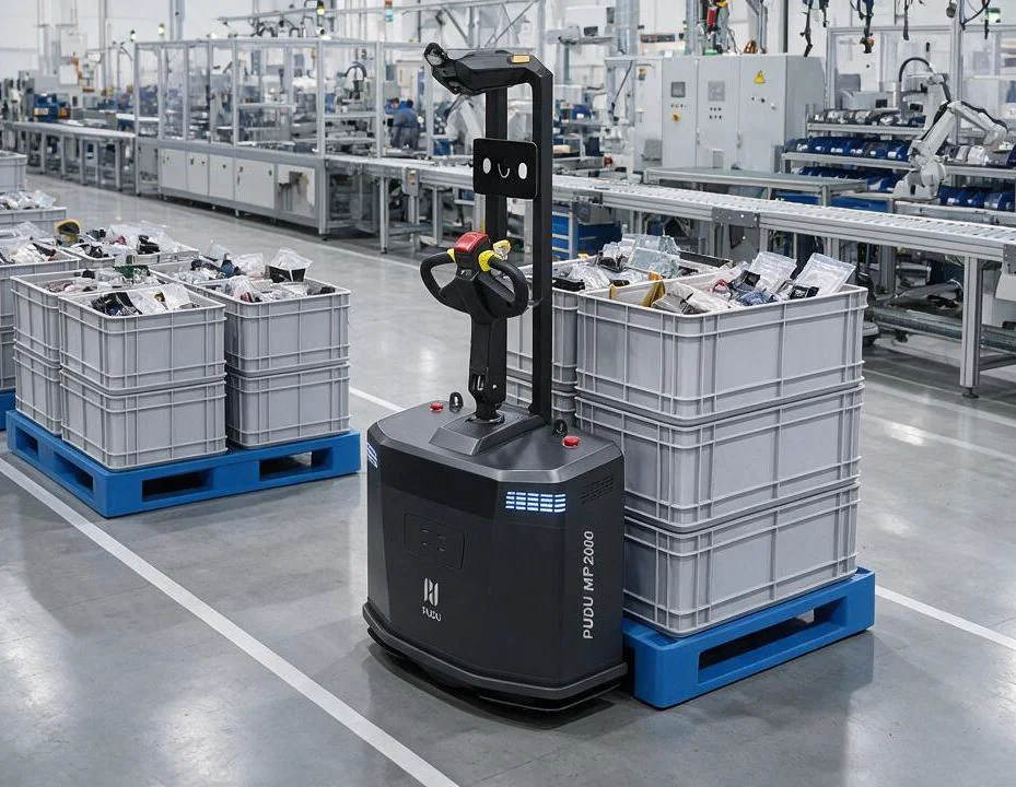 Robot autonomo che movimenta contenitori su pallet in un reparto produttivo