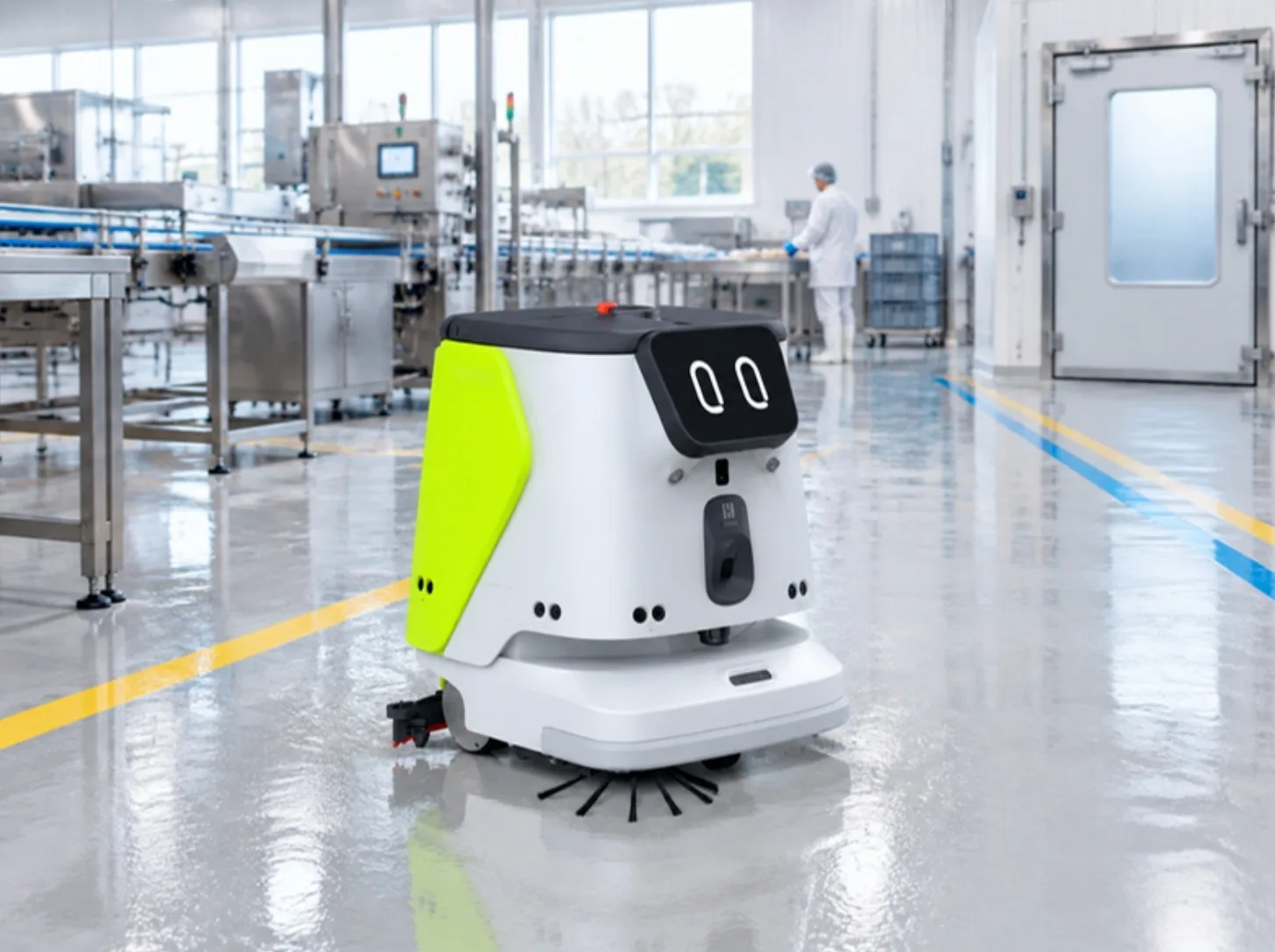 Robot PUDU CC1 Pro al lavoro in un reparto di produzione alimentare