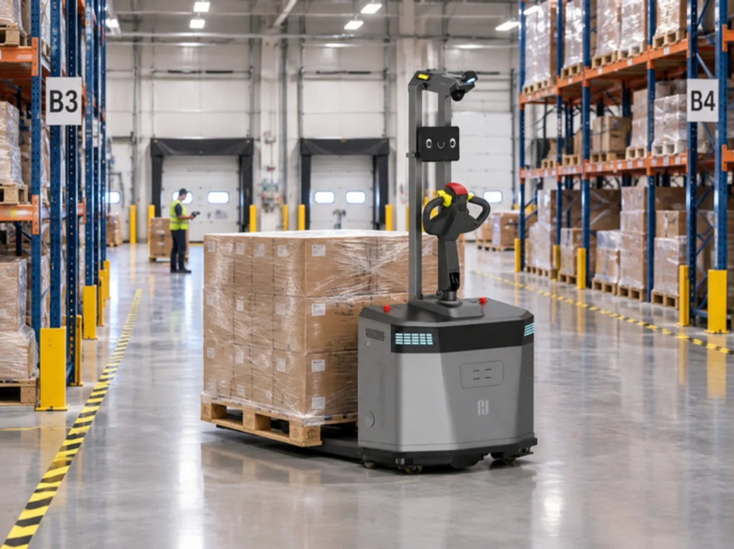 Transpallet autonomo PUDU MP2000 in un magazzino di distribuzione