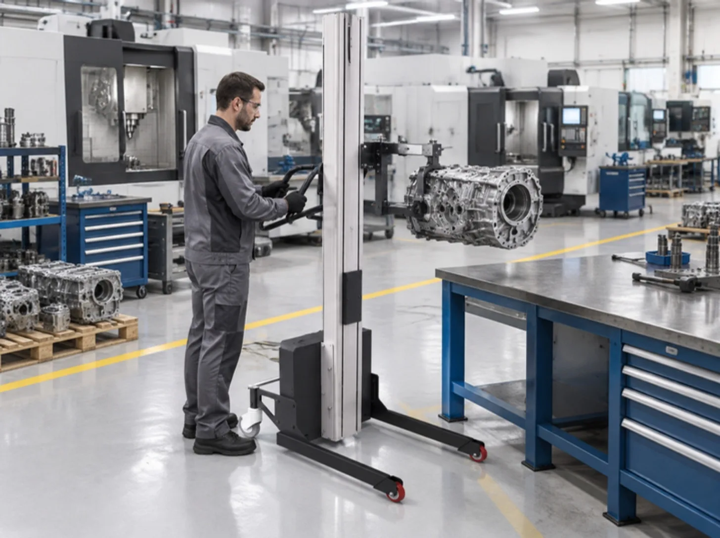 Work Positioner WP 125 che solleva un pezzo meccanico in un'officina