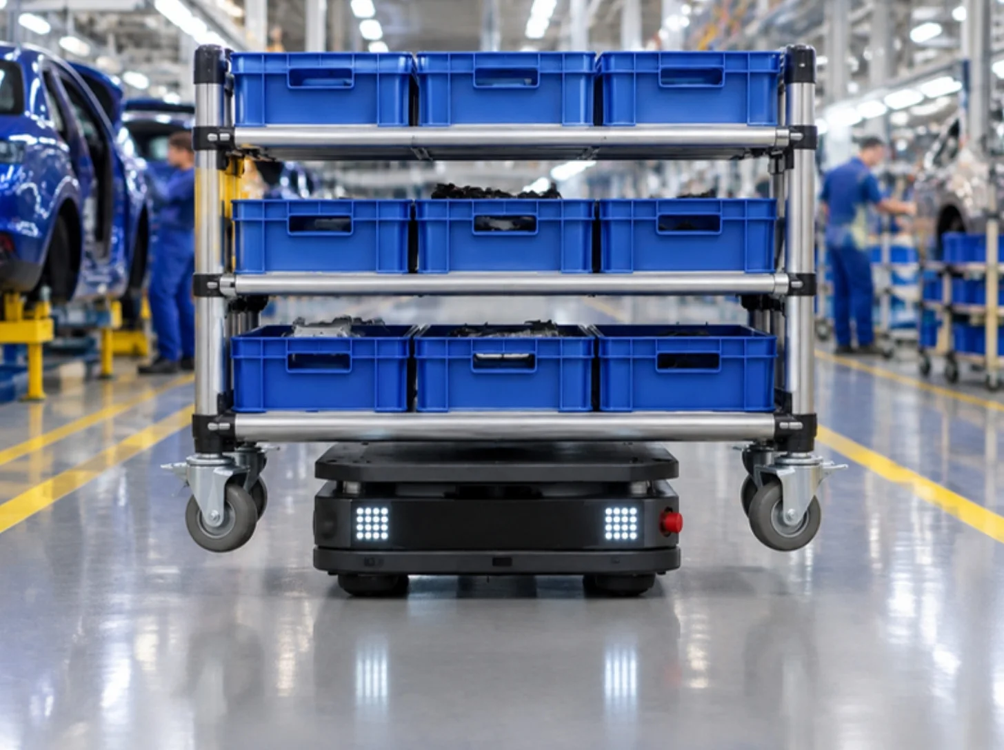 Robot PUDU T600 Underride che porta un carrello kit verso una linea di assemblaggio auto