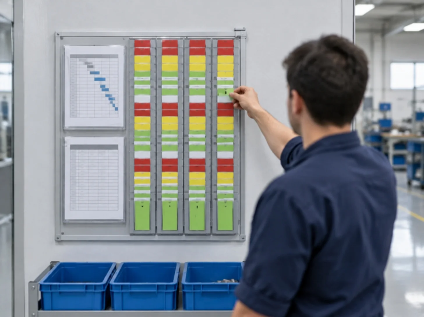Lavagna kanban con cartellini ordinati per codice e zone colorate
