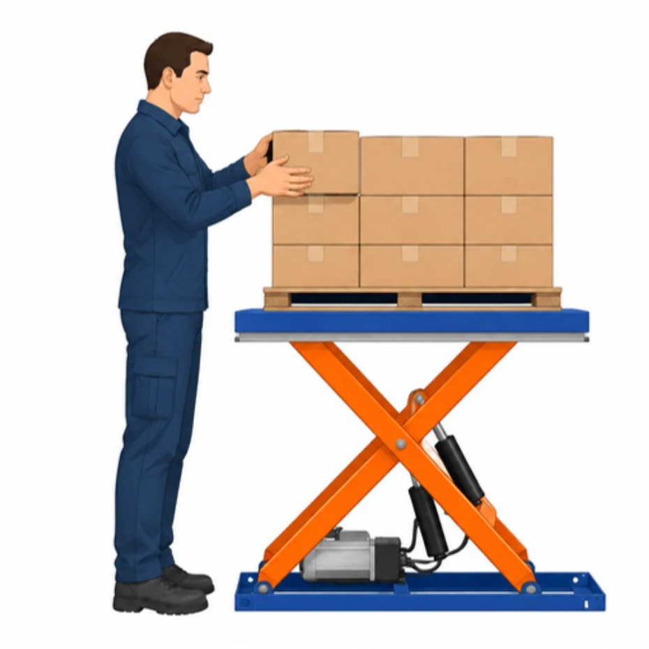 Delavec jemlje škatlo s palete, ki jo dviguje škarjasta dvižna miza